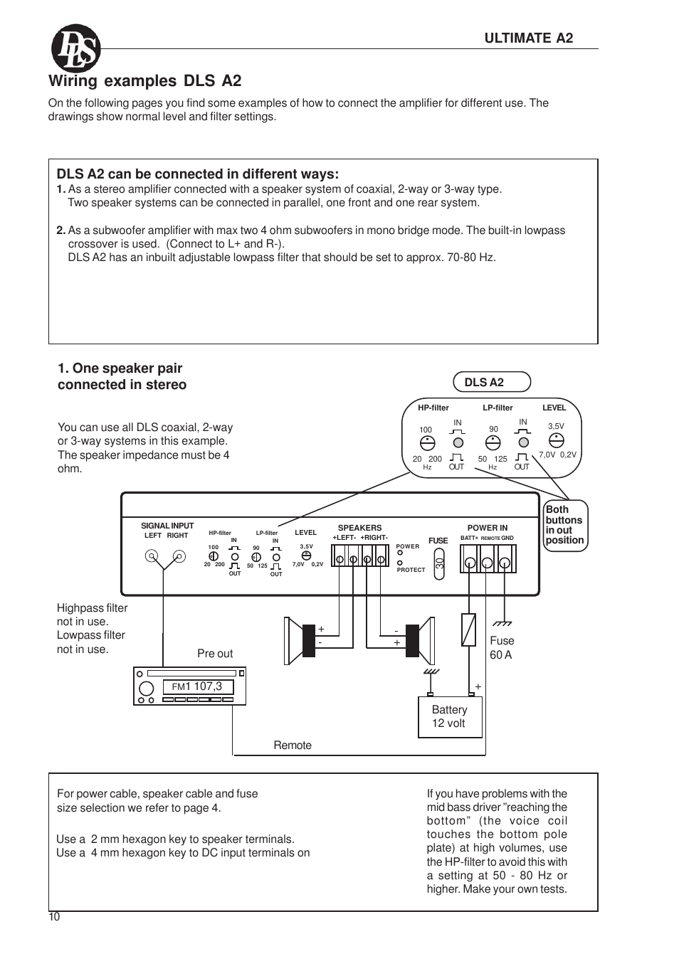 Wiring examples dls a2, Dls a2 can be connected in different ways, One speaker pair connected in stereo | Ultimate a2 | DLS Svenska AB A2 User Manual | Page 10 / 26