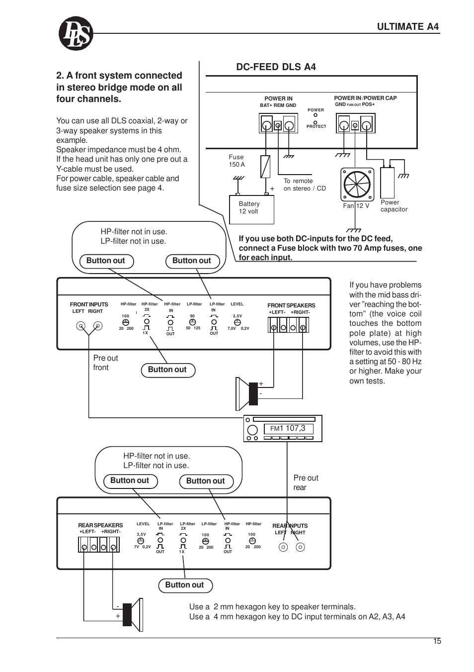 Dc-feed dls a4, Ultimate a4, Button out | DLS Svenska AB A2 User Manual | Page 15 / 26