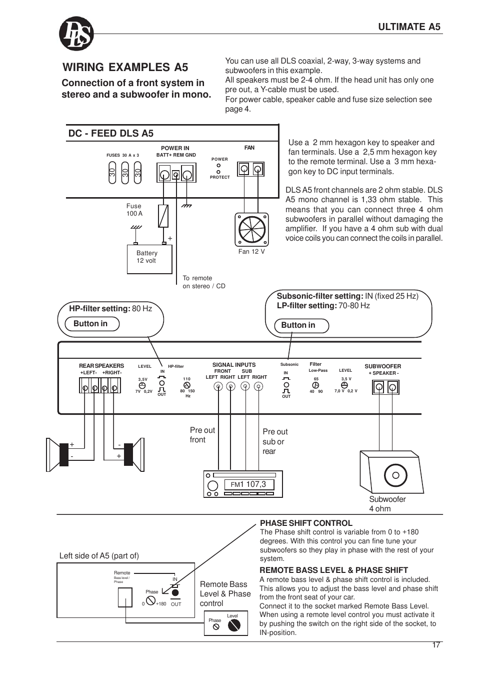 Wiring examples a5, Dc - feed dls a5, Ultimate a5 | Left side of a5 (part of), Remote bass level & phase shift, Phase shift control | DLS Svenska AB A2 User Manual | Page 17 / 26