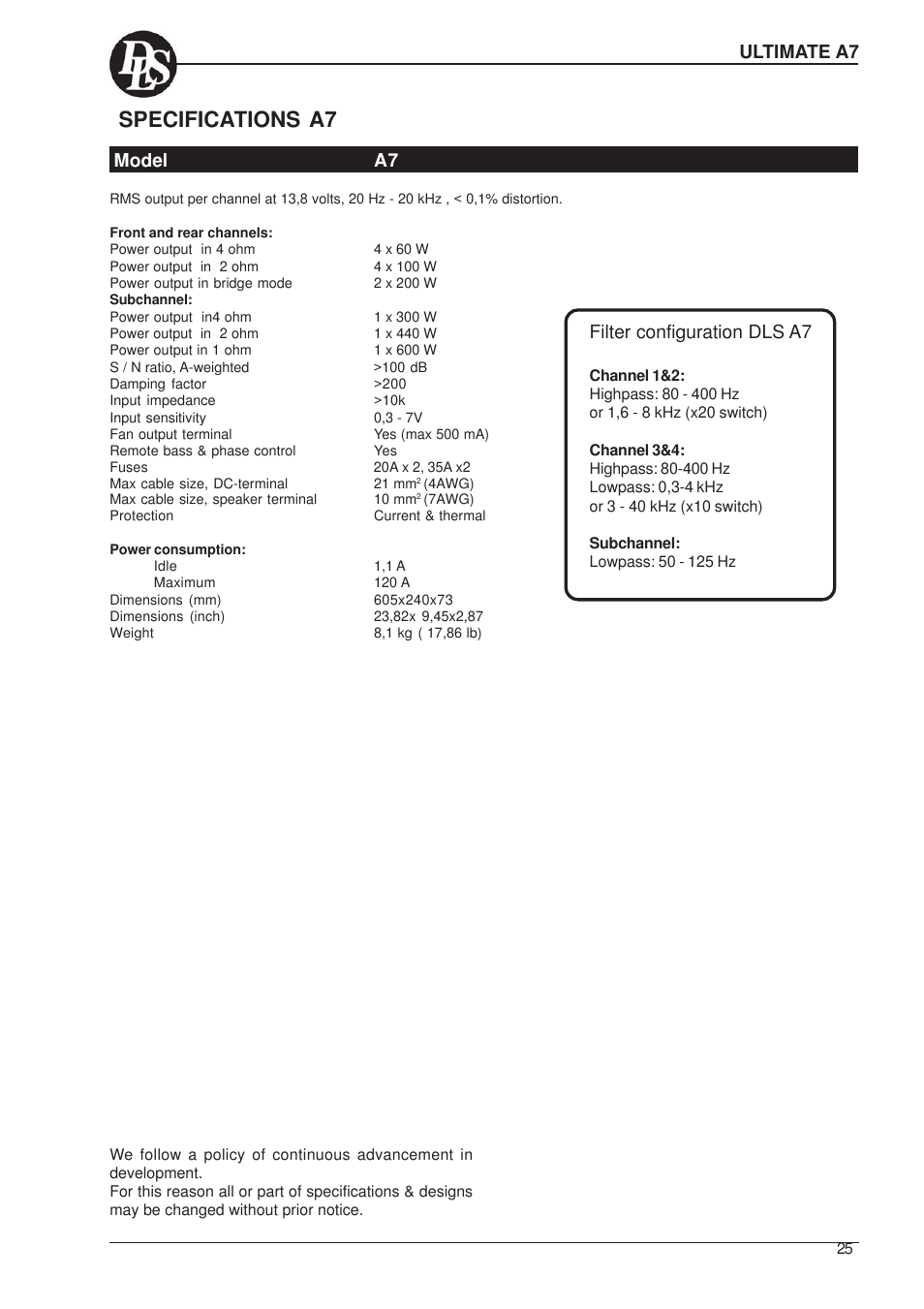 Specifications a7, Ultimate a7 model a7, Filter configuration dls a7 | DLS Svenska AB A2 User Manual | Page 25 / 26