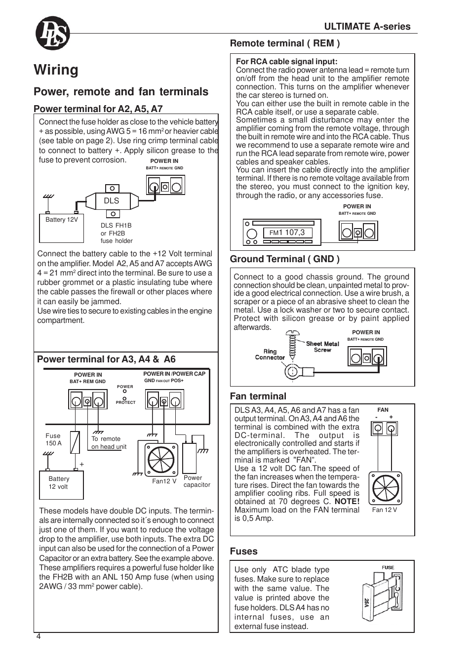 Wiring, Power, remote and fan terminals, Power terminal for a3, a4 & a6 | Ground terminal ( gnd ), Fuses, Fan terminal | DLS Svenska AB A2 User Manual | Page 4 / 26