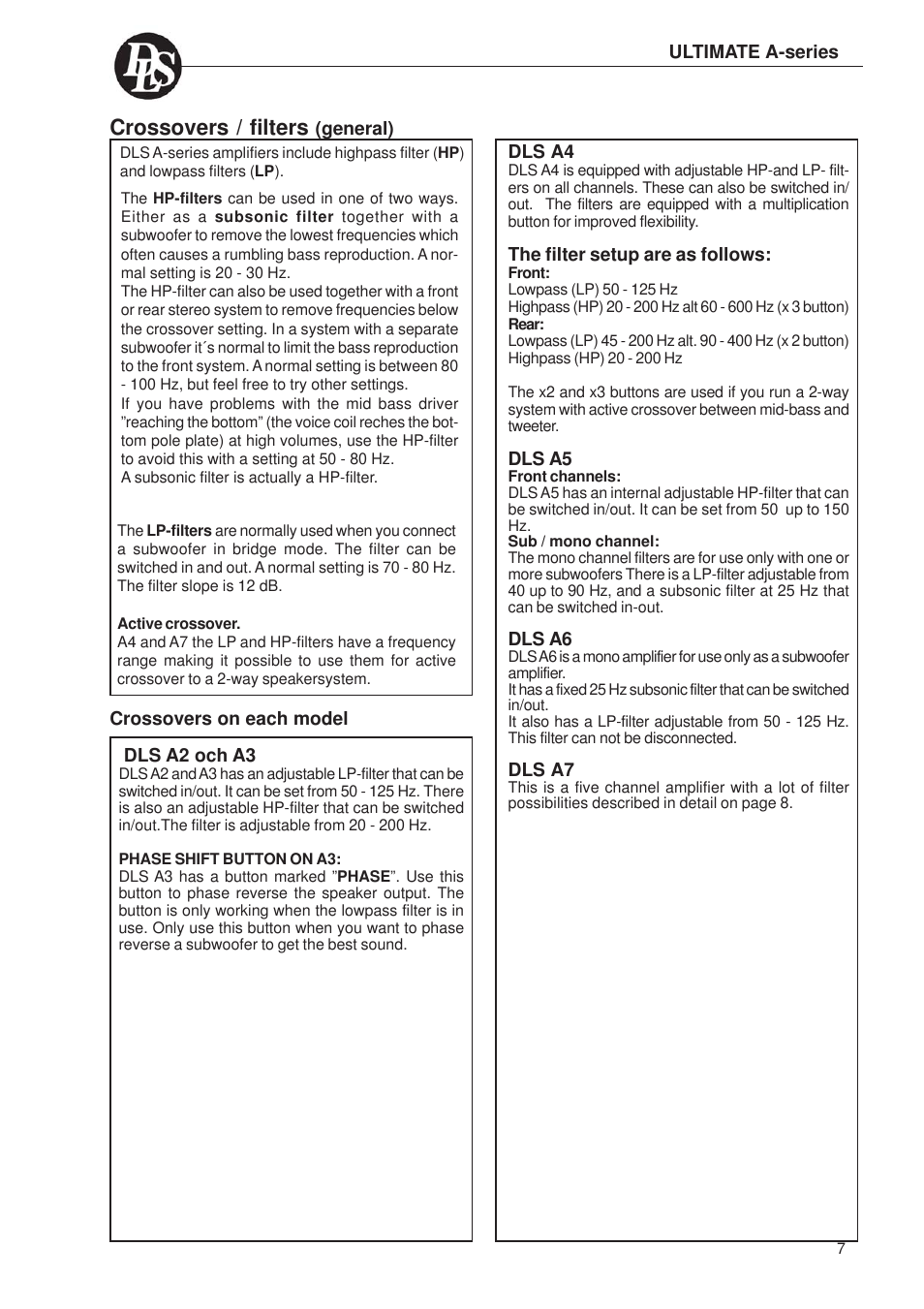 Crossovers / filters | DLS Svenska AB A2 User Manual | Page 7 / 26