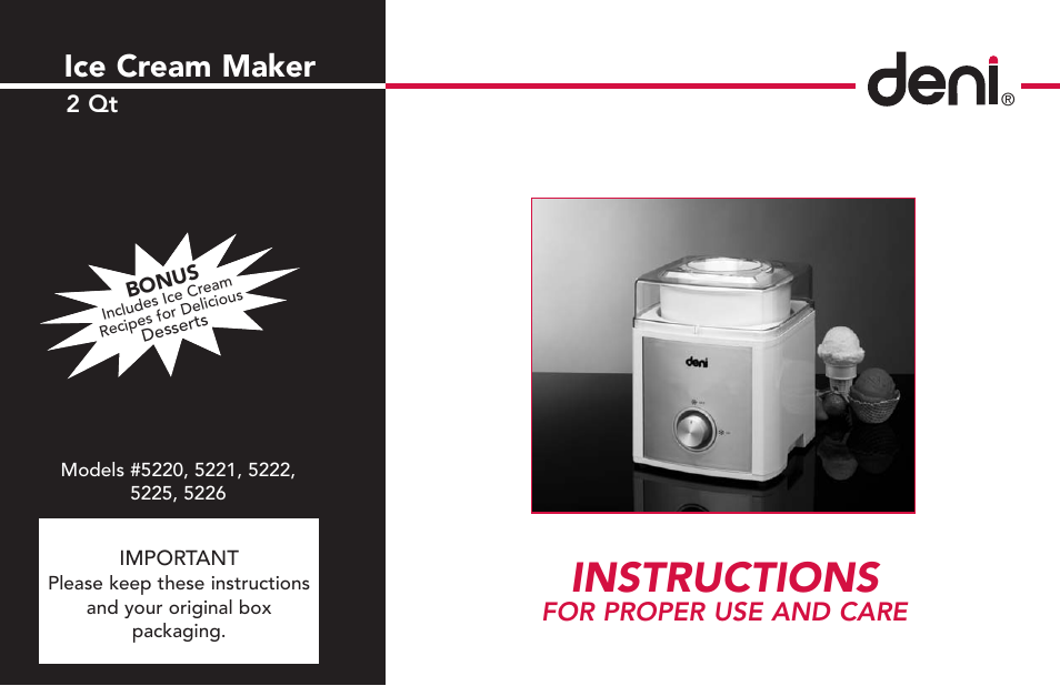 Deni Ice Cream Maker 2qt 5225 User Manual | 51 pages