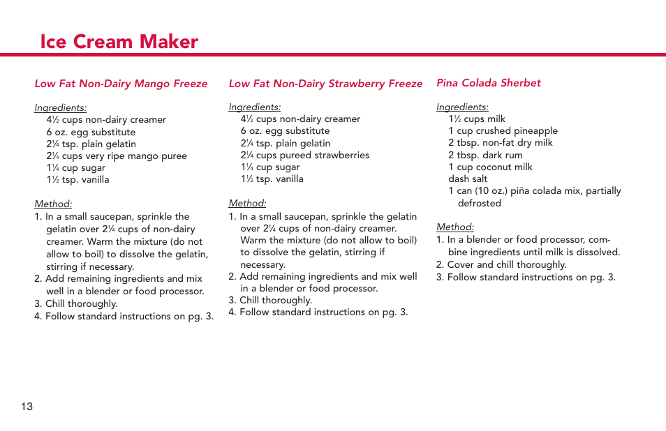 Ice cream maker, 13 low fat non-dairy mango freeze, Low fat non-dairy strawberry freeze | Pina colada sherbet | Deni Ice Cream Maker 2qt 5225 User Manual | Page 14 / 51