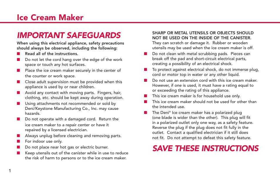 Ice cream maker, Save these instructions important safeguards | Deni Ice Cream Maker 2qt 5225 User Manual | Page 2 / 51