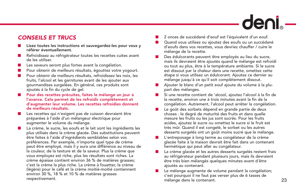 Conseils et trucs | Deni Ice Cream Maker 2qt 5225 User Manual | Page 24 / 51