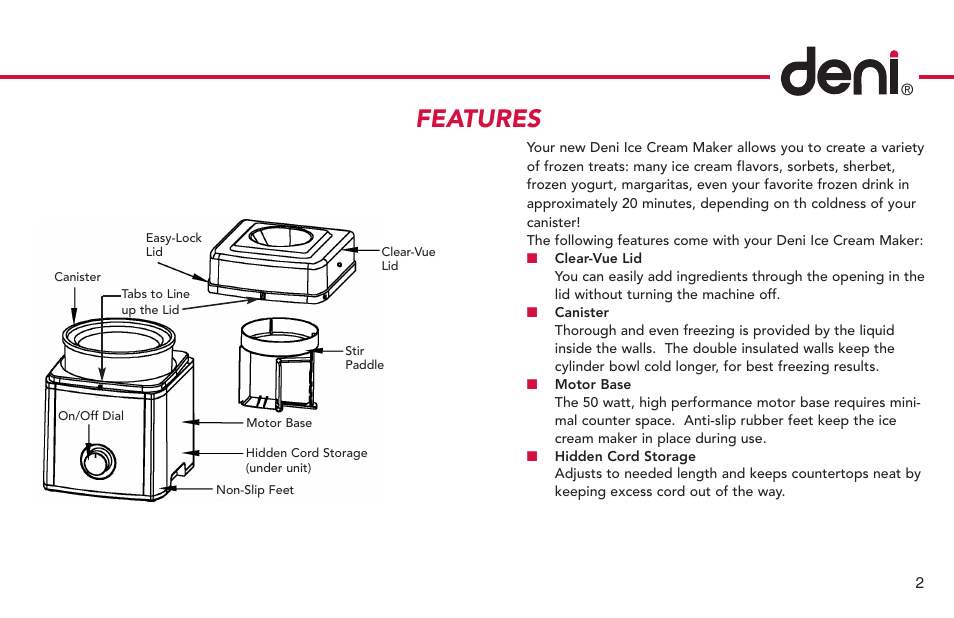 Features | Deni Ice Cream Maker 2qt 5225 User Manual | Page 3 / 51