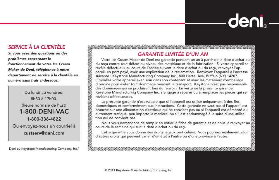 800-deni-vac, Service à la clientèle, Garantie limitée d’un an | Deni Ice Cream Maker 2qt 5225 User Manual | Page 34 / 51