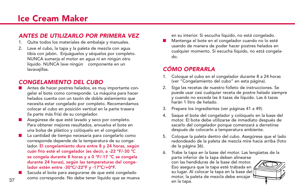 Ice cream maker, Antes de utilizarlo por primera vez, Congelamiento del cubo | Cómo operarla | Deni Ice Cream Maker 2qt 5225 User Manual | Page 38 / 51