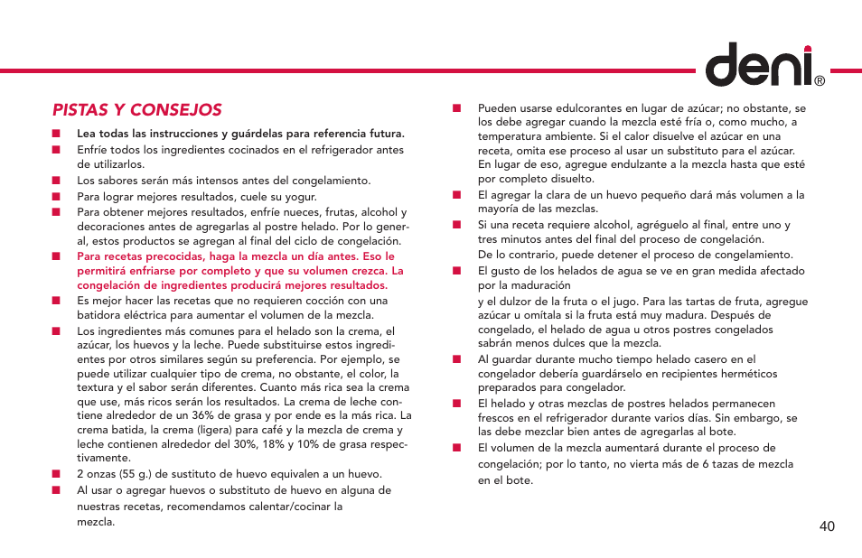 Pistas y consejos | Deni Ice Cream Maker 2qt 5225 User Manual | Page 41 / 51