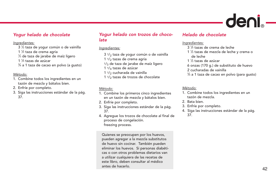 42 ® helado de chocolate, Yogur helado de chocolate, Yogur helado con trozos de choco- late | Deni Ice Cream Maker 2qt 5225 User Manual | Page 43 / 51