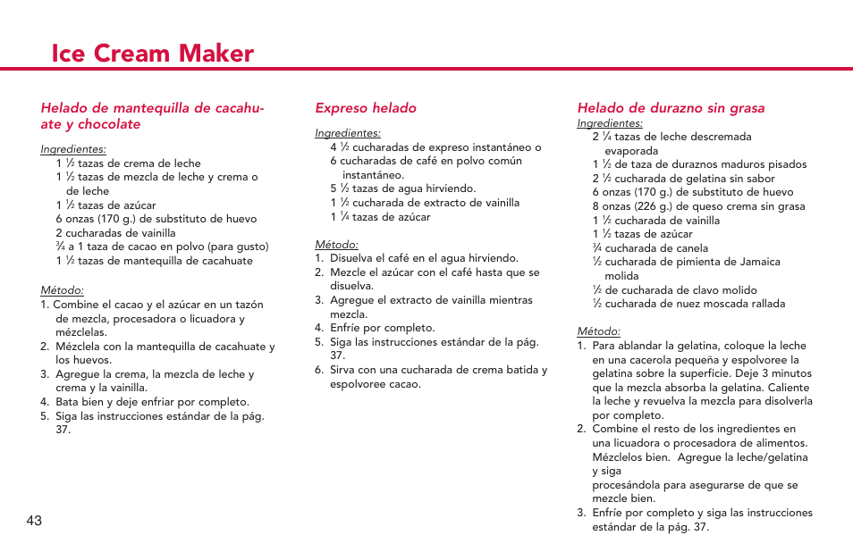 Ice cream maker, Expreso helado, Helado de durazno sin grasa | Helado de mantequilla de cacahu- ate y chocolate | Deni Ice Cream Maker 2qt 5225 User Manual | Page 44 / 51
