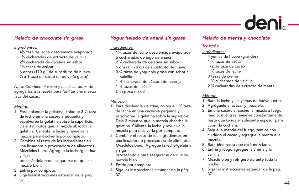 Helado de menta y chocolate francés, 44 ® yogur helado de ananá sin grasa, Helado de chocolate sin grasa | Deni Ice Cream Maker 2qt 5225 User Manual | Page 45 / 51