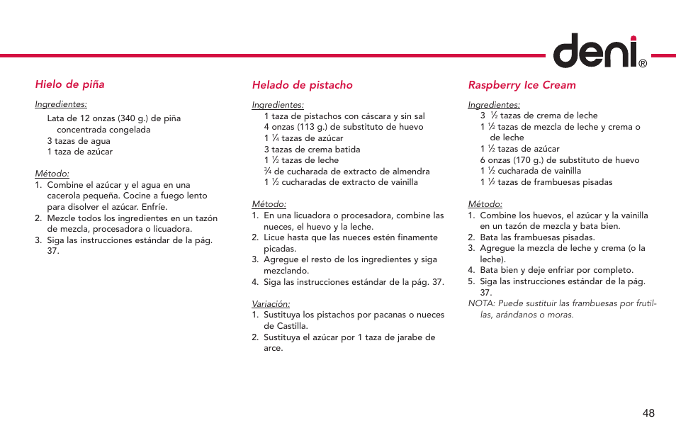 48 ® helado de pistacho, Raspberry ice cream, Hielo de piña | Deni Ice Cream Maker 2qt 5225 User Manual | Page 49 / 51