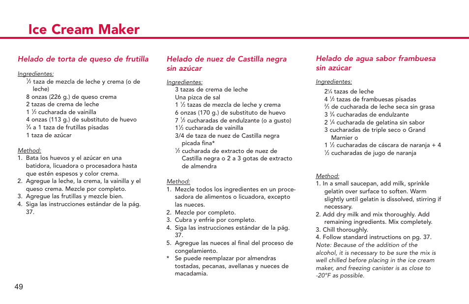Ice cream maker, Helado de agua sabor frambuesa sin azúcar, Helado de nuez de castilla negra sin azúcar | Helado de torta de queso de frutilla | Deni Ice Cream Maker 2qt 5225 User Manual | Page 50 / 51