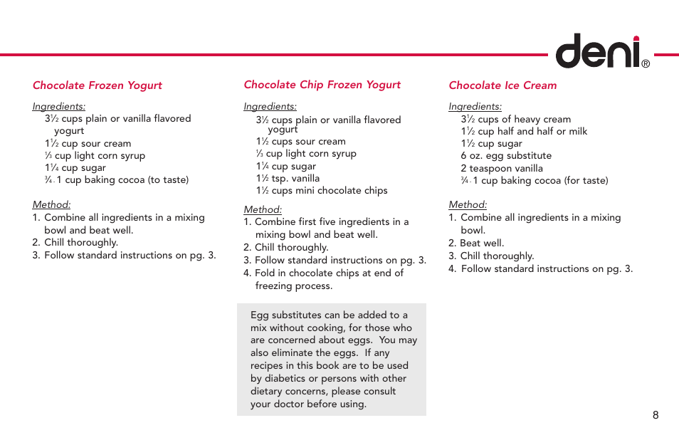 8chocolate ice cream, Chocolate frozen yogurt, Chocolate chip frozen yogurt | Deni Ice Cream Maker 2qt 5225 User Manual | Page 9 / 51