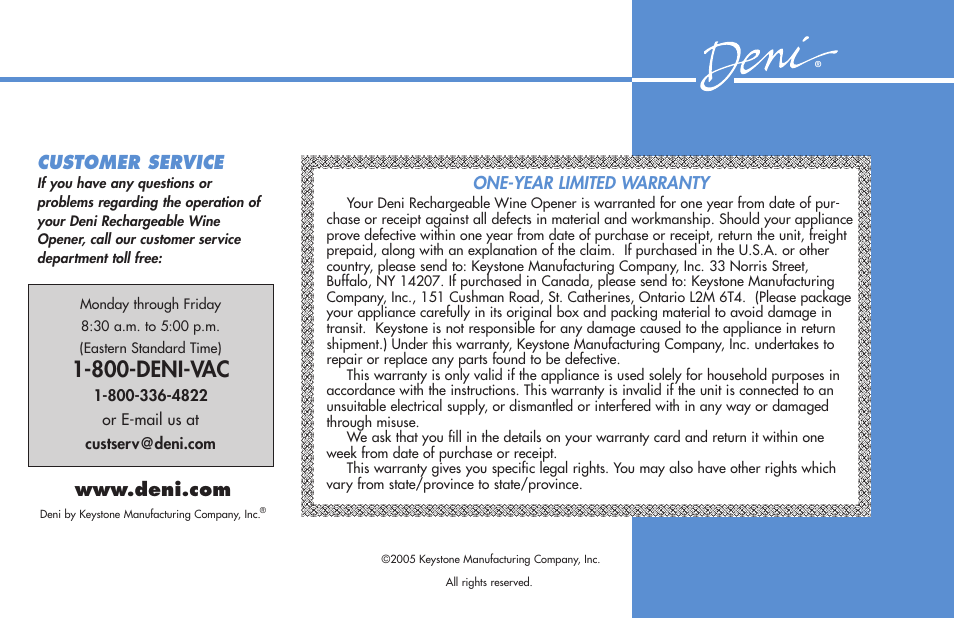 800-deni-vac, Customer service | Deni 4900 User Manual | Page 4 / 4