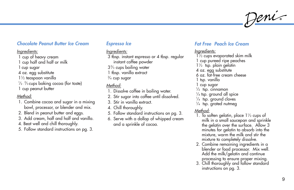 Espresso ice, Fat free peach ice cream, Chocolate peanut butter ice cream | Deni 5210 User Manual | Page 10 / 17