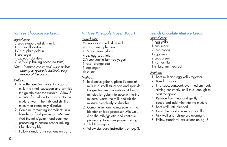 10 fat free pineapple frozen yogurt, French chocolate mint ice cream, Fat free chocolate ice cream | Deni 5210 User Manual | Page 11 / 17