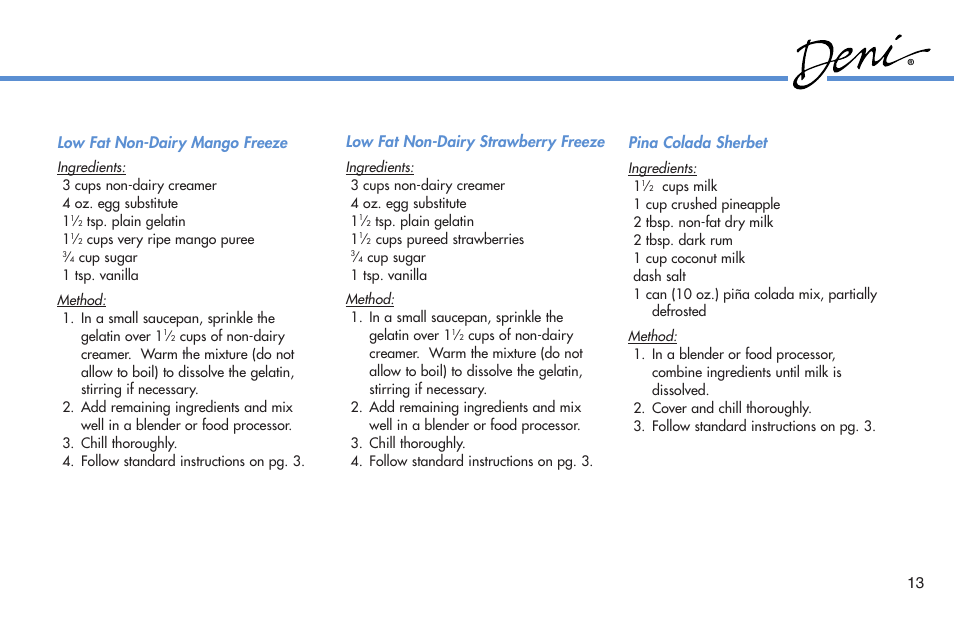 Pina colada sherbet, Low fat non-dairy mango freeze, Low fat non-dairy strawberry freeze | Deni 5210 User Manual | Page 14 / 17