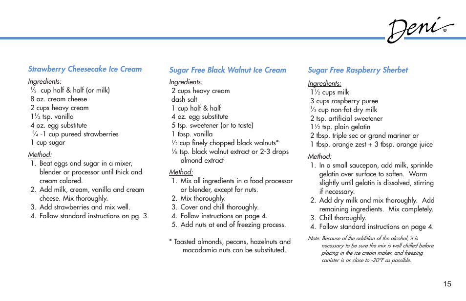 Sugar free black walnut ice cream, Sugar free raspberry sherbet, Strawberry cheesecake ice cream | Deni 5210 User Manual | Page 16 / 17