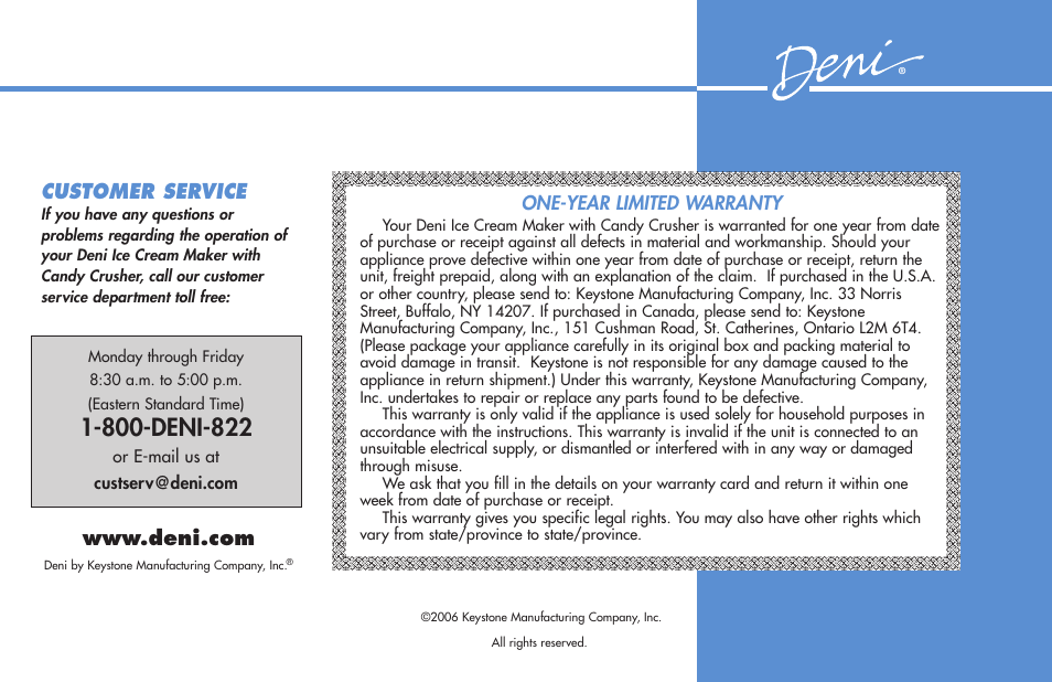 Customer service | Deni 5210 User Manual | Page 17 / 17