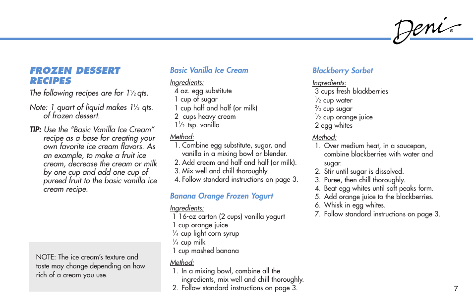 Frozen dessert recipes | Deni 5210 User Manual | Page 8 / 17