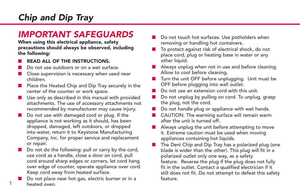 Chip and dip tray, Important safeguards | Deni 15700 User Manual | Page 2 / 7