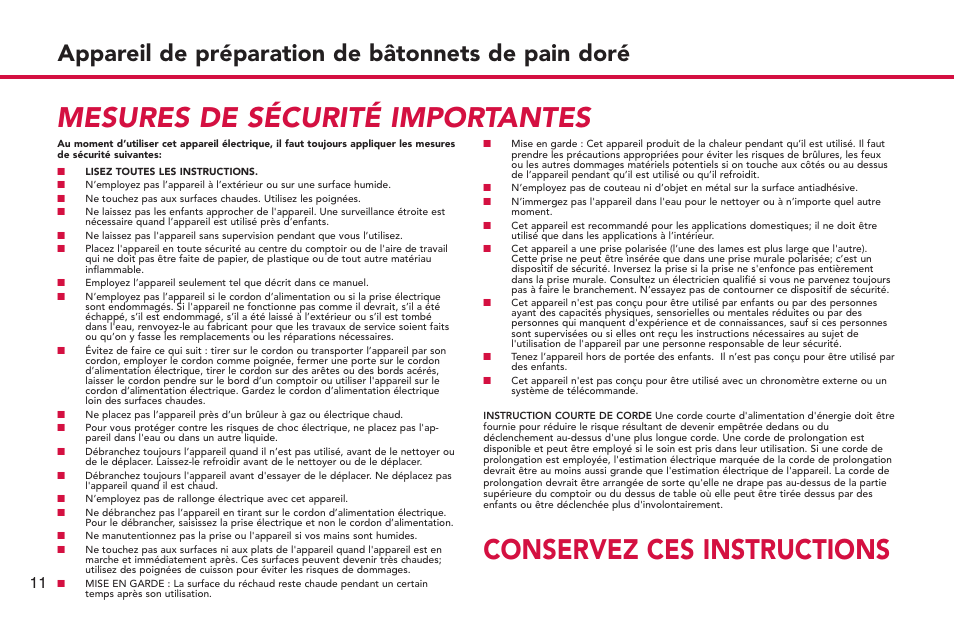 Conservez ces instructions, Mesures de sécurité importantes, Appareil de préparation de bâtonnets de pain doré | Deni French Toast Stick maker 4862 User Manual | Page 12 / 29