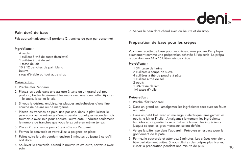 16 pain doré de base, Préparation de base pour les crêpes | Deni French Toast Stick maker 4862 User Manual | Page 17 / 29