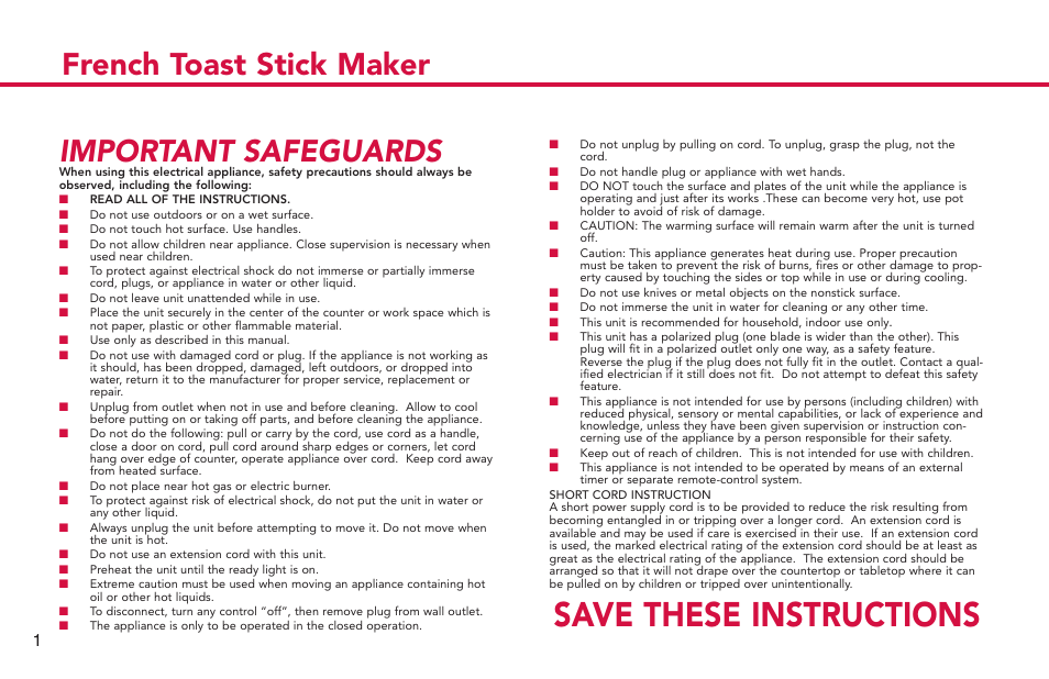 Save these instructions, French toast stick maker important safeguards | Deni French Toast Stick maker 4862 User Manual | Page 2 / 29