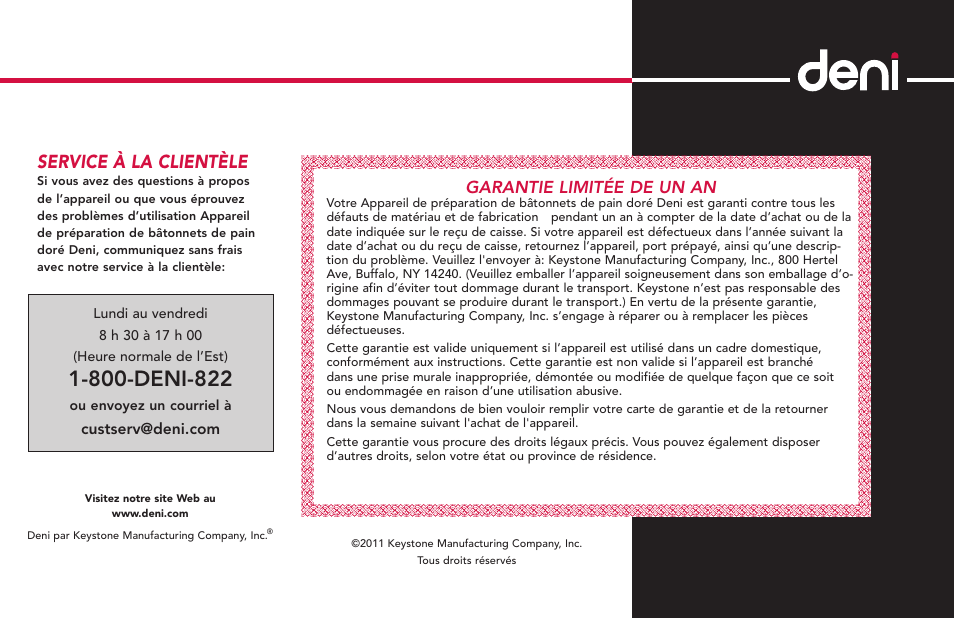Service à la clientèle, Garantie limitée de un an | Deni French Toast Stick maker 4862 User Manual | Page 20 / 29