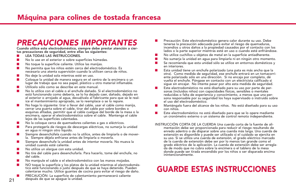 Precauciones importantes, Guarde estas instrucciones, Máquina para colines de tostada francesa | Deni French Toast Stick maker 4862 User Manual | Page 22 / 29