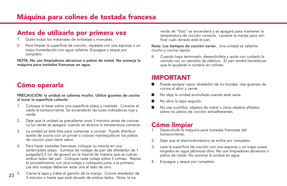 Máquina para colines de tostada francesa, Important, Cómo limpiar | Antes de utilizarlo por primera vez, Cómo operarla | Deni French Toast Stick maker 4862 User Manual | Page 24 / 29