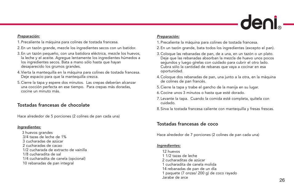 Tostadas francesas de chocolate, Tostadas francesas de coco | Deni French Toast Stick maker 4862 User Manual | Page 27 / 29