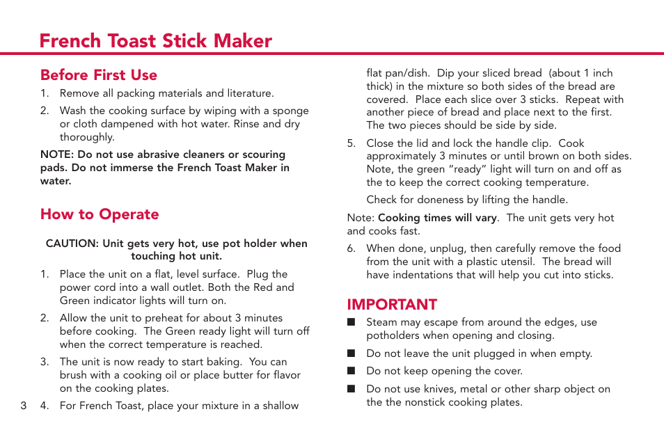 French toast stick maker, Before first use, How to operate | Important | Deni French Toast Stick maker 4862 User Manual | Page 4 / 29