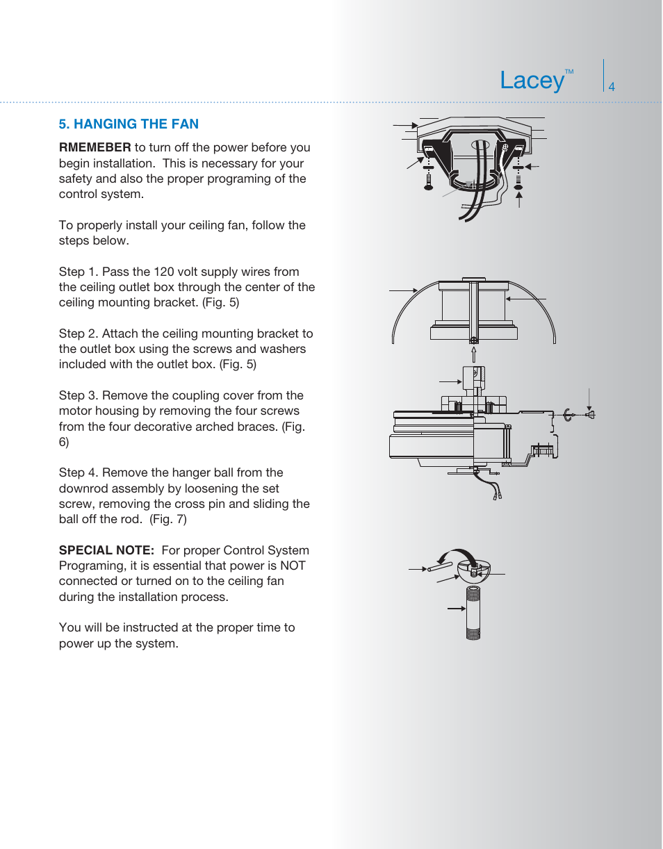 Kcl80-300181-p4, Lacey, Hanging the fan | Kichler 300181 User Manual | Page 5 / 16