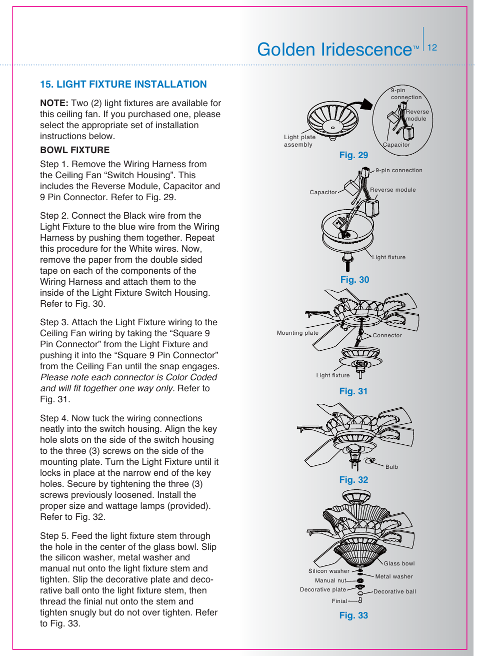 Golden iridescence, Light fixture installation | Kichler 300000 User Manual | Page 13 / 15