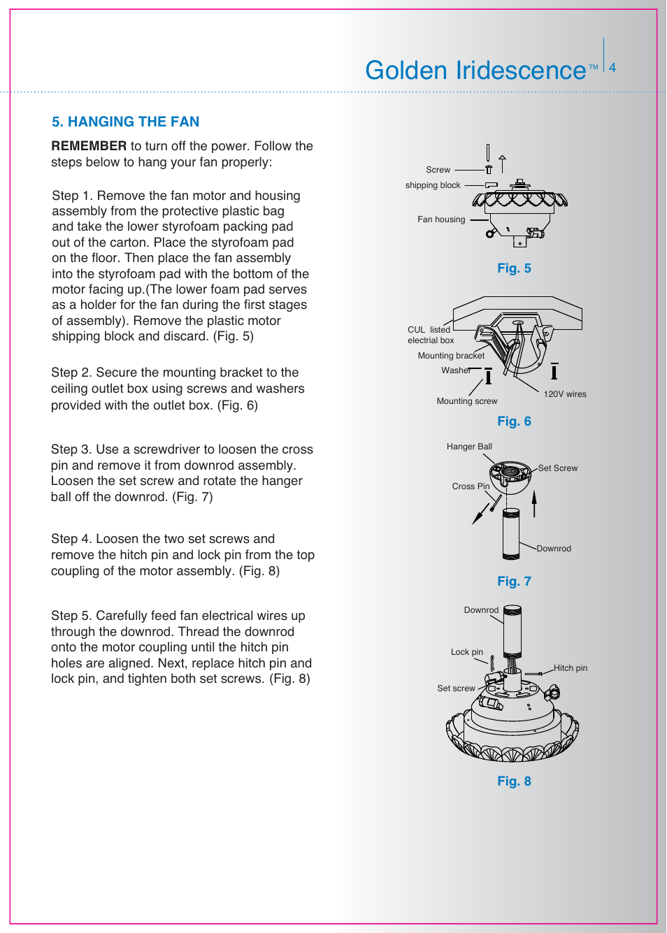 Golden iridescence, Hanging the fan | Kichler 300000 User Manual | Page 5 / 15