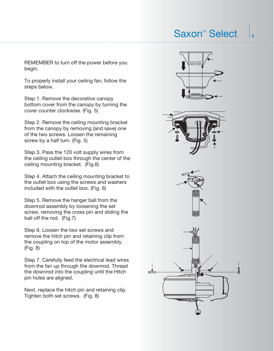 Yg219kcl+1l-339212 p4, Saxon, Select | Hanging the fan | Kichler 339212 User Manual | Page 5 / 13