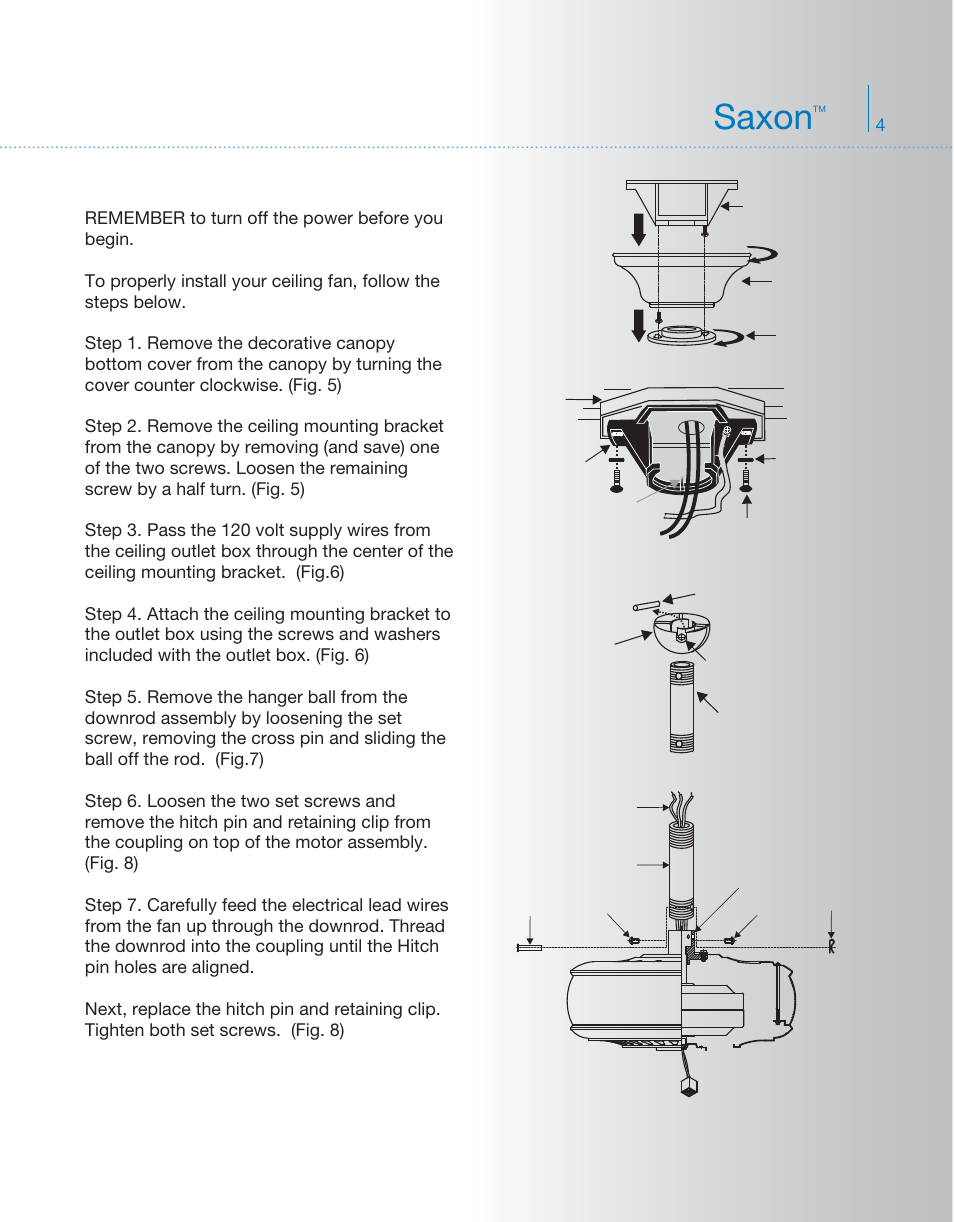 Yg219kcl-339012 p4, Saxon, Hanging the fan | Kichler 339012 User Manual | Page 5 / 12
