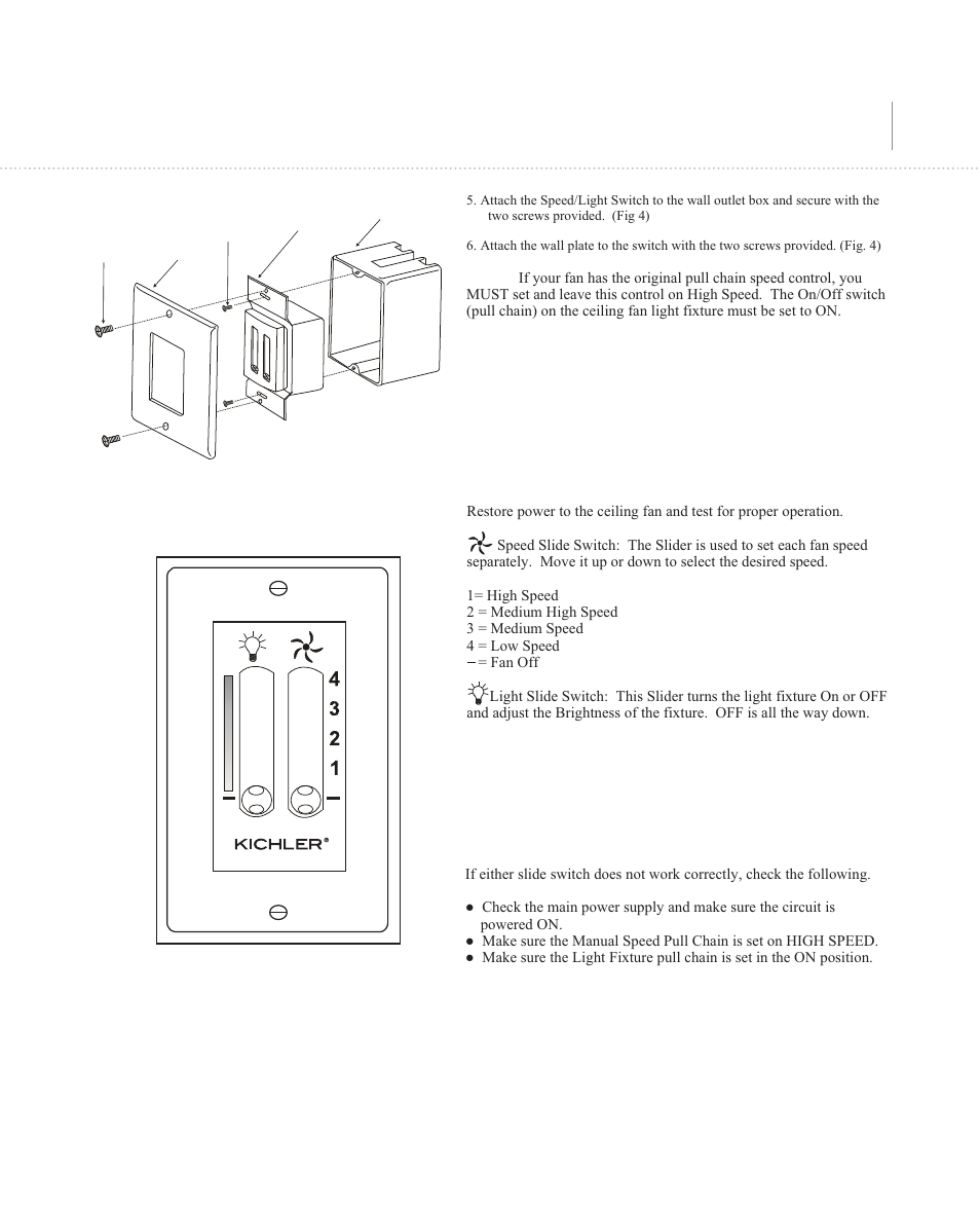 Operating your wall control, Troubleshooting guide | Kichler 337010 Dual Speed and Light Switch User Manual | Page 2 / 3