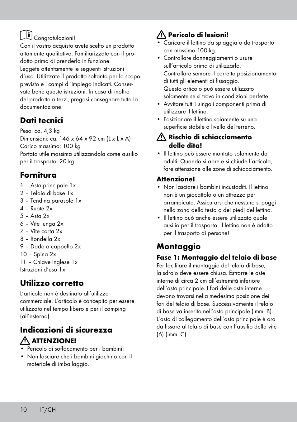 Dati tecnici, Fornitura, Utilizzo corretto | Indicazioni di sicurezza, Montaggio | Crivit Sun Lounger User Manual | Page 10 / 16