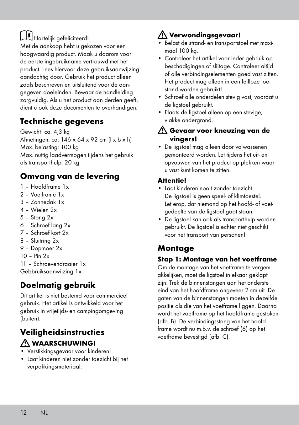 Technische gegevens, Omvang van de levering, Doelmatig gebruik | Veiligheidsinstructies, Montage | Crivit Sun Lounger User Manual | Page 12 / 16