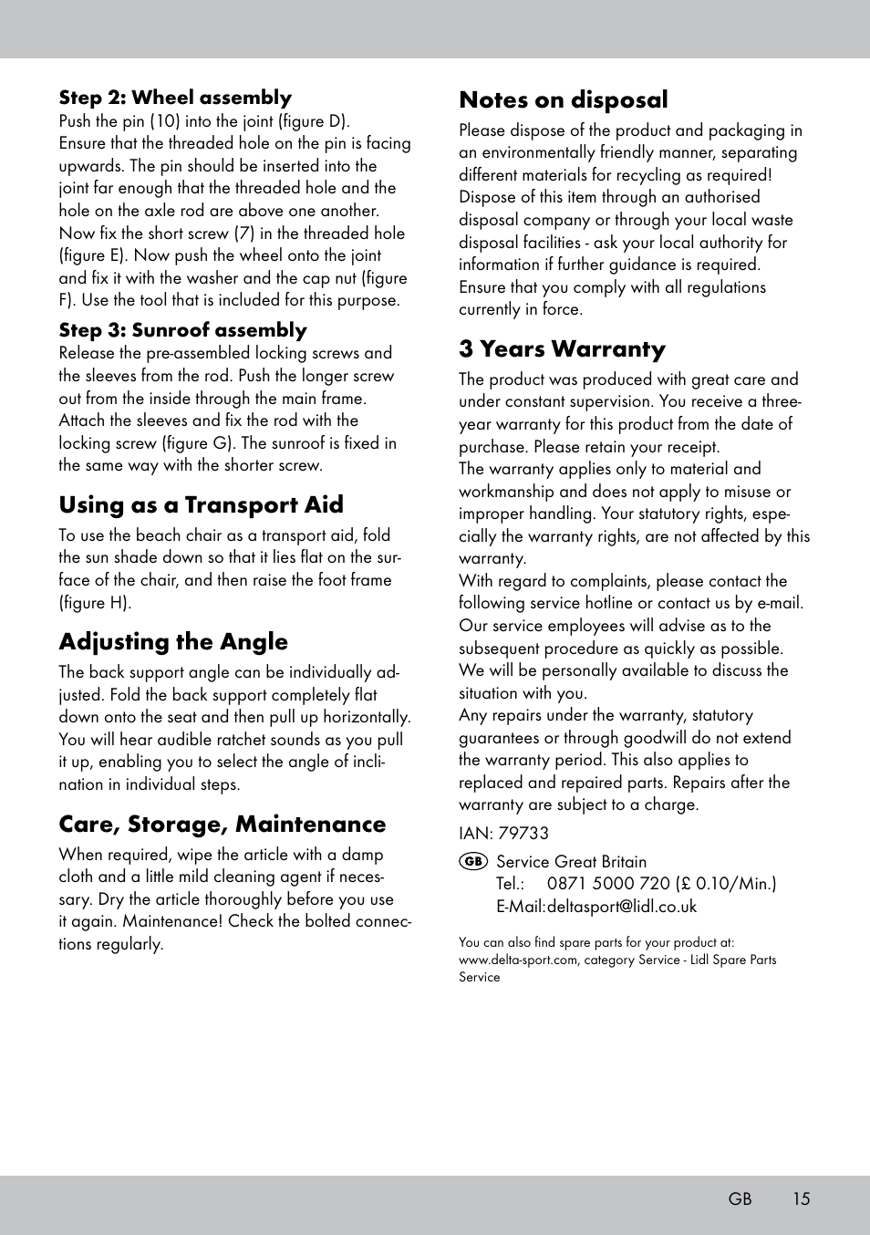 3 years warranty, Using as a transport aid, Adjusting the angle | Care, storage, maintenance | Crivit Sun Lounger User Manual | Page 15 / 16