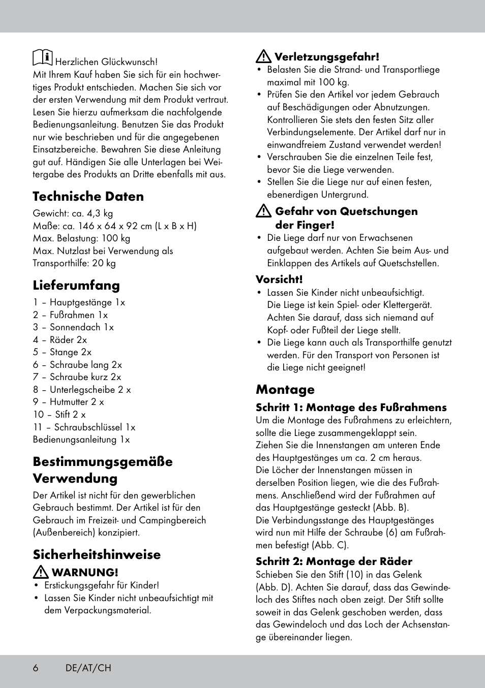 Technische daten, Lieferumfang, Bestimmungsgemäße verwendung | Sicherheitshinweise, Montage | Crivit Sun Lounger User Manual | Page 6 / 16