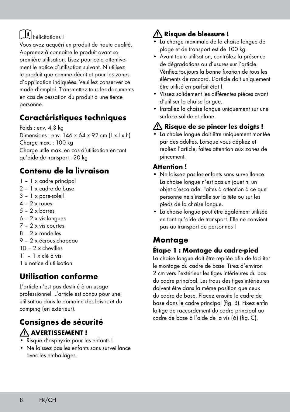 Caractéristiques techniques, Contenu de la livraison, Utilisation conforme | Consignes de sécurité, Montage | Crivit Sun Lounger User Manual | Page 8 / 16