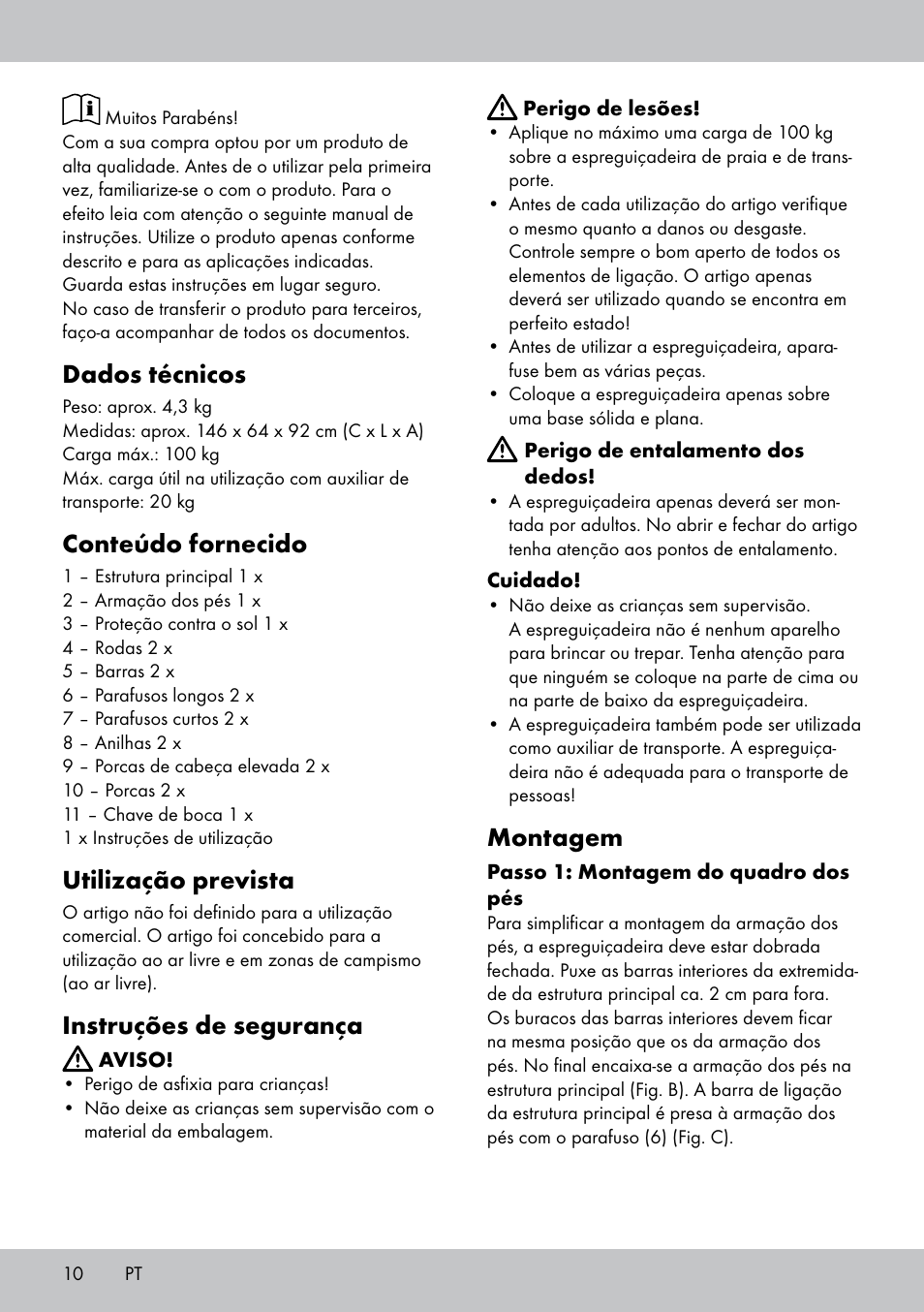 Dados técnicos, Conteúdo fornecido, Utilização prevista | Instruções de segurança, Montagem | Crivit Sun Lounger User Manual | Page 10 / 16