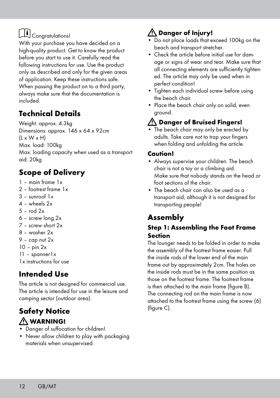 Assembly, Technical details, Scope of delivery | Intended use, Safety notice | Crivit Sun Lounger User Manual | Page 12 / 16