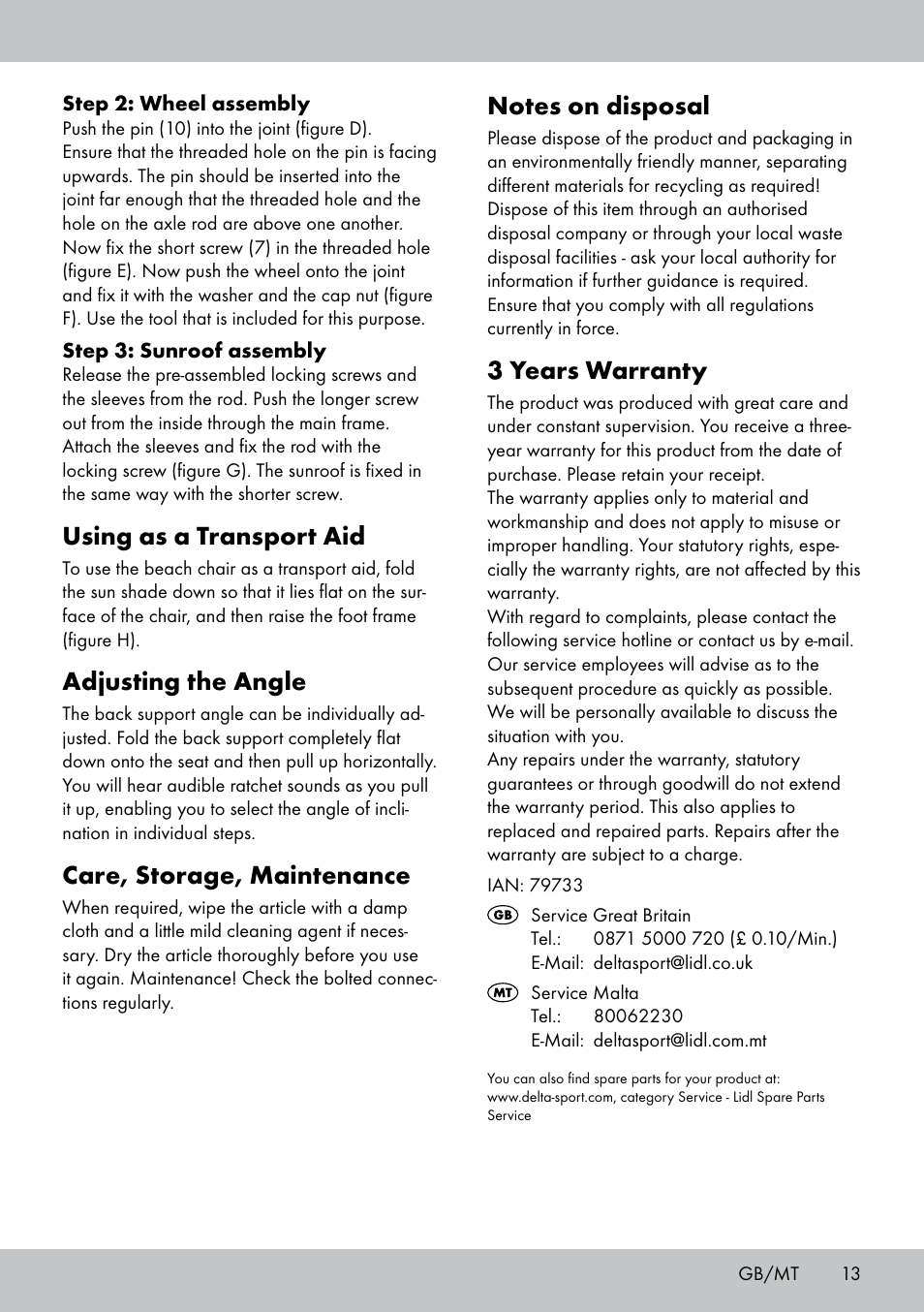 3 years warranty, Using as a transport aid, Adjusting the angle | Care, storage, maintenance | Crivit Sun Lounger User Manual | Page 13 / 16